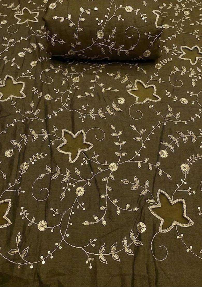 Olive Green Embroidered Tissue Lehenga Set - Indya