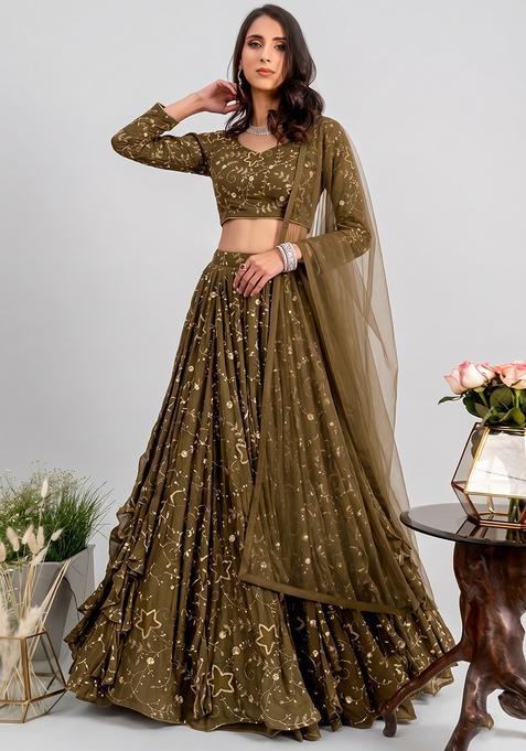 Olive Green Silk Blend Embroidered Lehenga Set