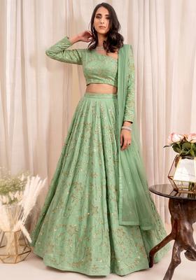 Mint Green Embroidered Tissue Lehenga Set