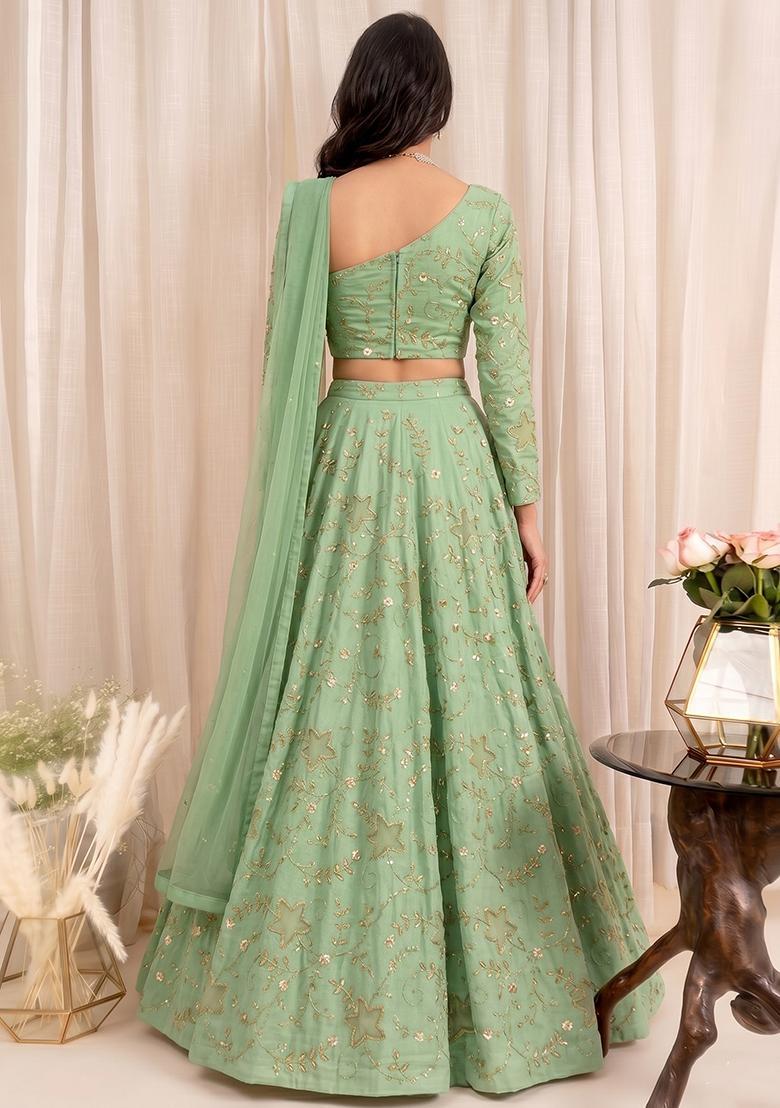 Mint Green Embroidered Tissue Lehenga Set - Indya