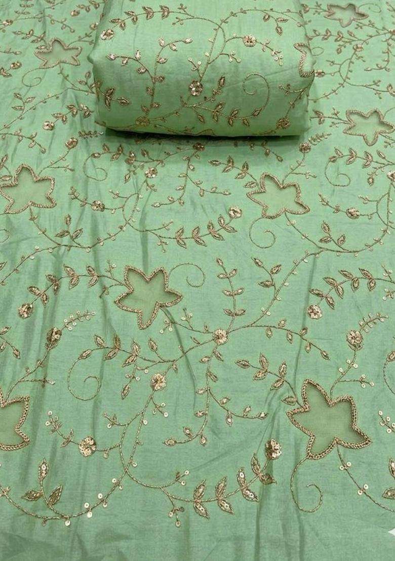 Mint Green Embroidered Tissue Lehenga Set - Indya