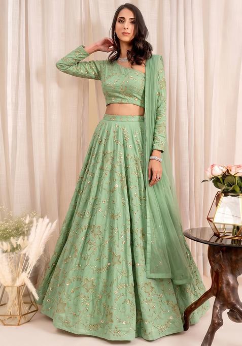 Mint Green Silk Blend Embroidered Lehenga Set