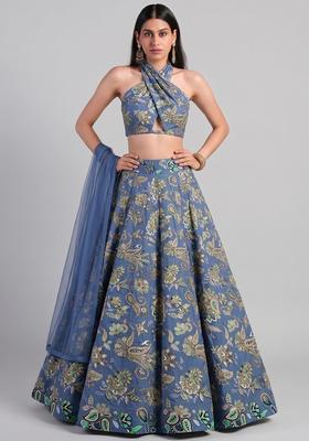 Dusty Blue Embroidered Crepe Lehenga Set