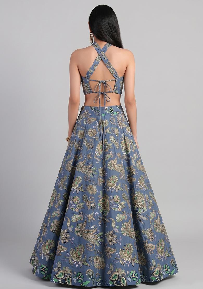 Dusty Blue Embroidered Crepe Lehenga Set - Indya