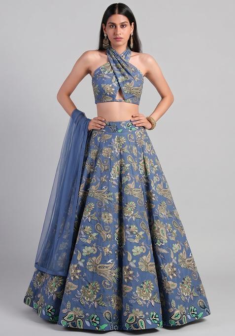 Dusty Blue Silk Blend Embroidered Lehenga Set