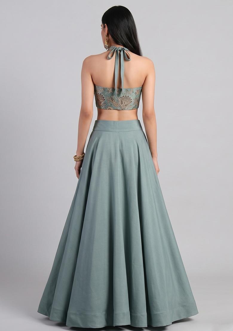 Cadet Blue Embroidered Crepe Lehenga Set - Indya
