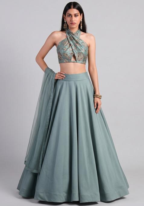 Cadet Blue Silk Blend Embroidered Lehenga Set