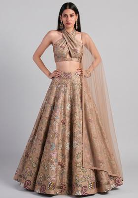 Beige Embroidered Crepe Lehenga Set