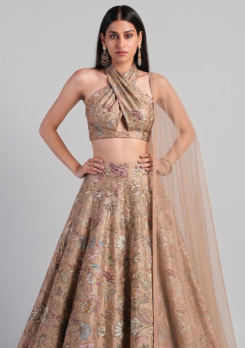Beige Embroidered Crepe Lehenga Set - Indya