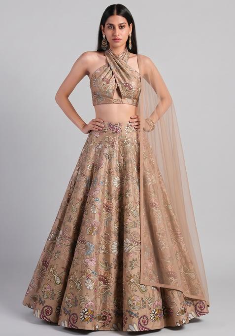 Beige Silk Blend Embroidered Lehenga Set