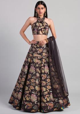 Black Printed Crepe Lehenga Set