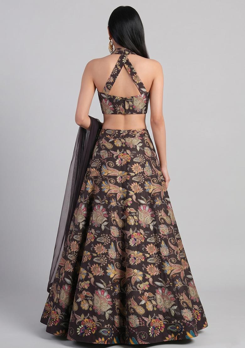 Black Printed Crepe Lehenga Set - Indya