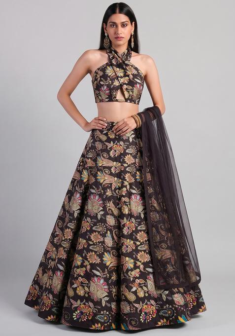 Black Silk Blend Floral Print Lehenga Set
