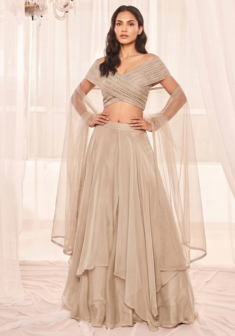 Beige Georgette Sequin Work Fusion Set