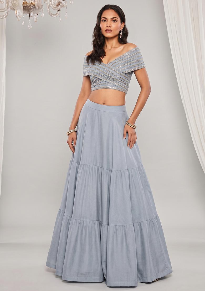 Slate Grey Sequin Silk Lehenga Set - Indya
