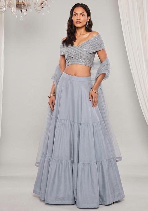 Slate Grey Net Sequin Work Fusion Set