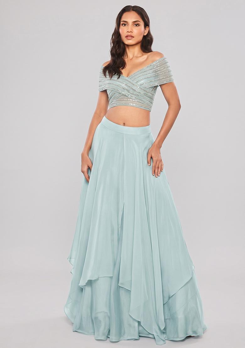 Sky Blue Sequin Poly Blend Lehenga Set - Indya