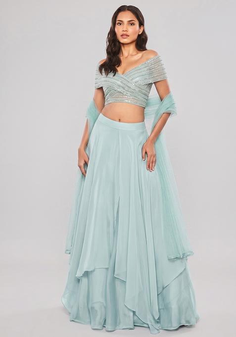 Sky Blue Georgette Sequin Work Fusion Set