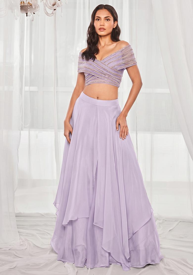 Lilac Sequin Silk Lehenga Set - Indya