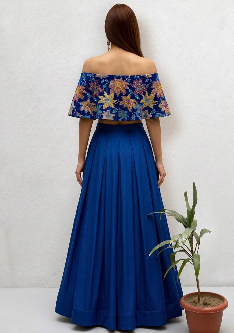 Royal Blue Printed Crepe Lehenga Set - Indya