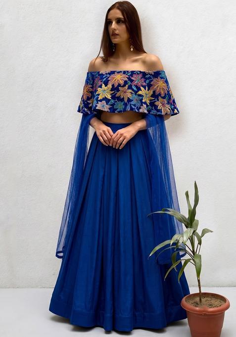 Royal Blue Velvet Embroidered Fusion Set