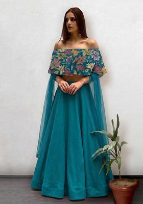 Teal Printed Crepe Lehenga Set
