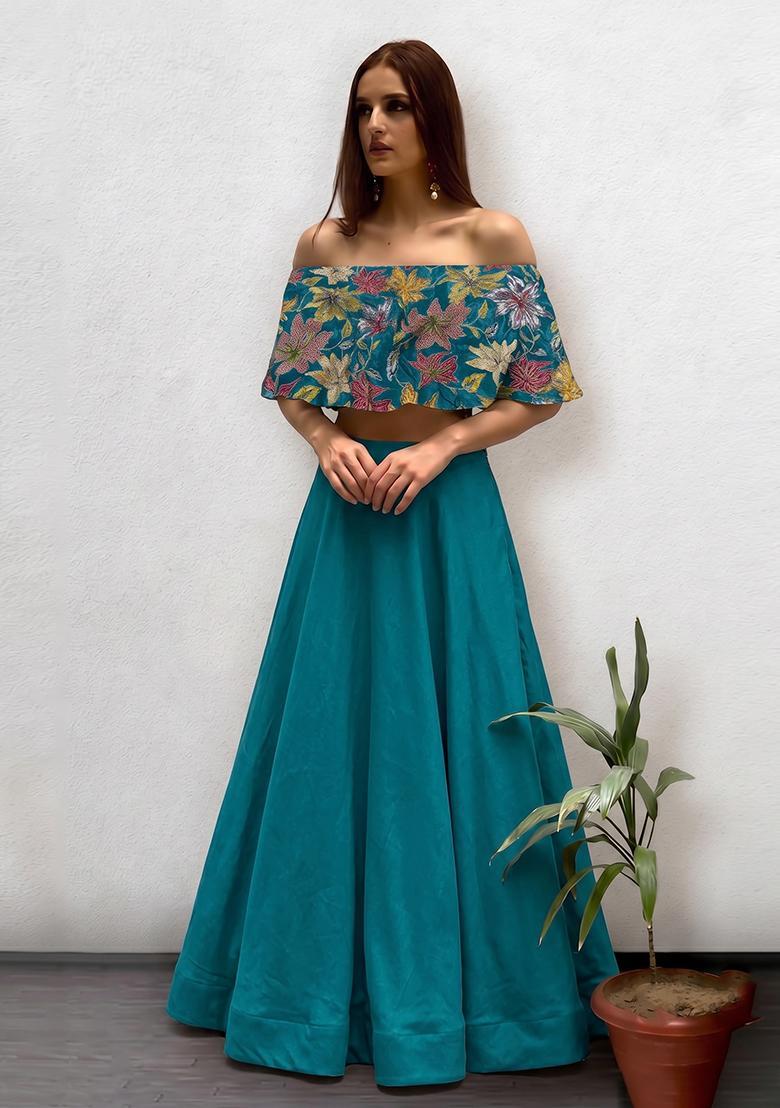 Teal Printed Crepe Lehenga Set - Indya
