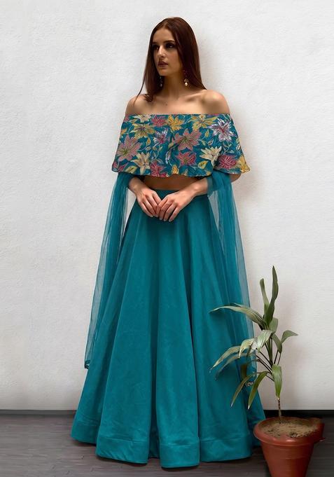 Teal Silk Blend Embroidered Fusion Set