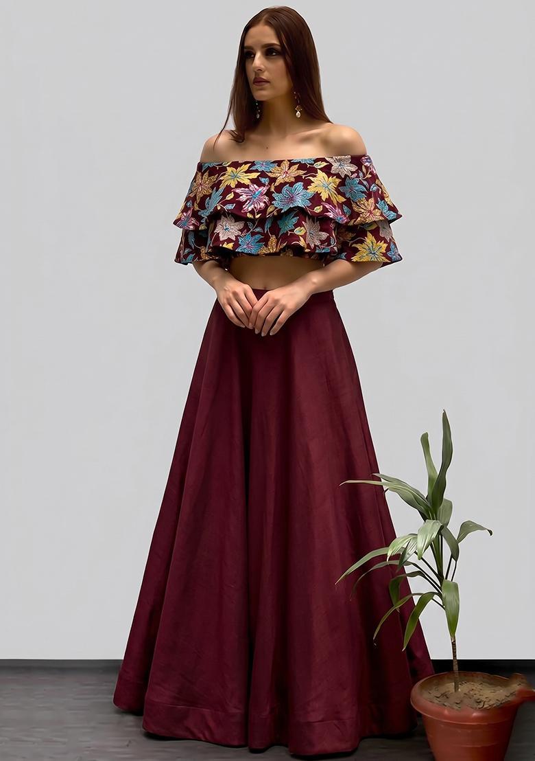 Maroon Printed Crepe Lehenga Set - Indya