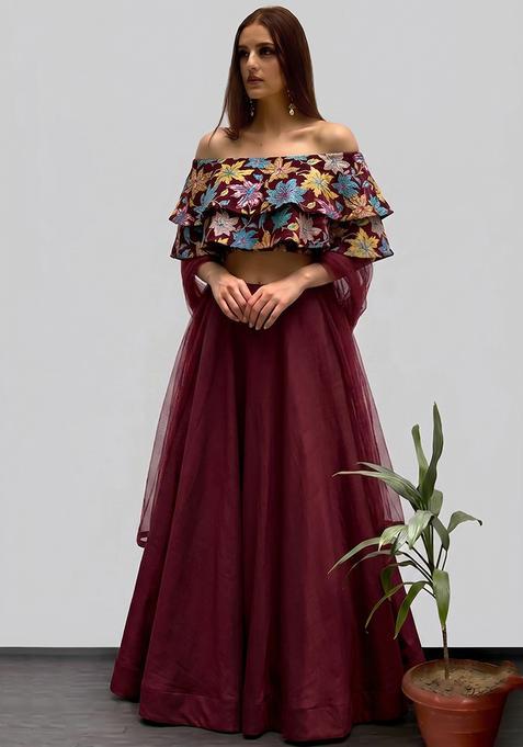Maroon Silk Embroidered Fusion Set