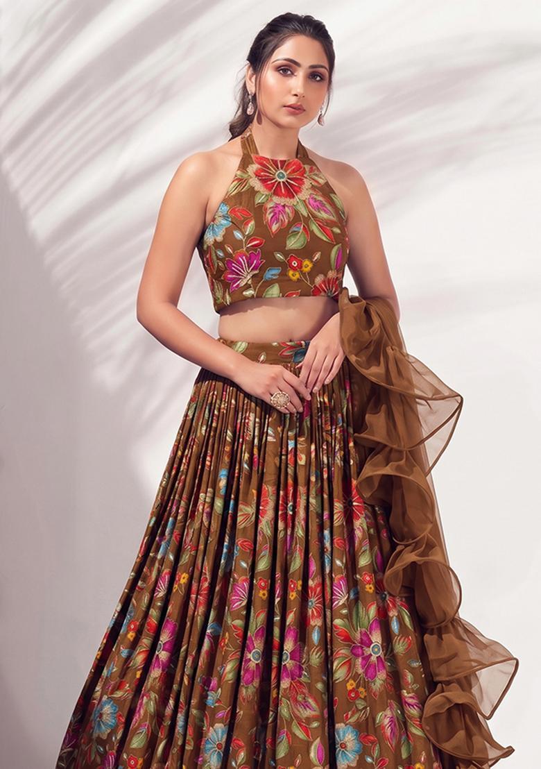 Coffee Brown Printed Crepe Lehenga Set - Indya