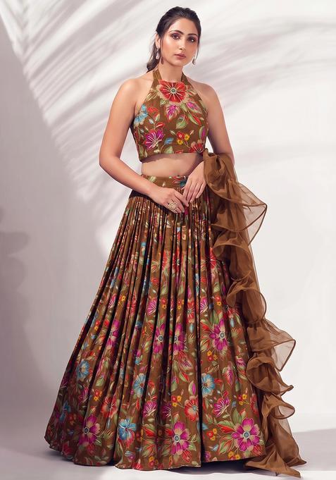 Coffee Brown Silk Blend Embroidered Lehenga Set