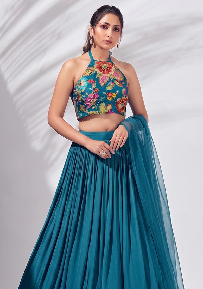 Teal Printed Crepe Lehenga Set - Indya