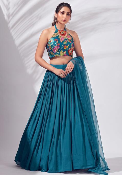 Teal Silk Blend Embroidered Lehenga Set