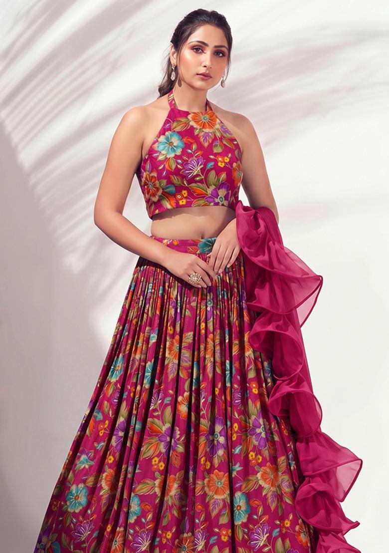 Rani Pink Printed Crepe Lehenga Set - Indya