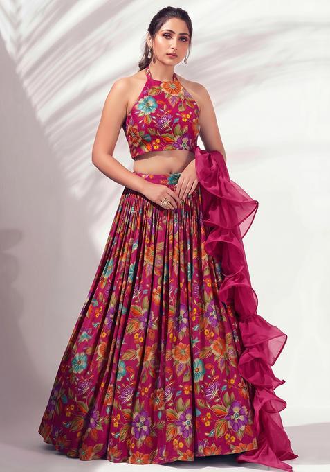 Rani Pink Silk Blend Floral Print Lehenga Set