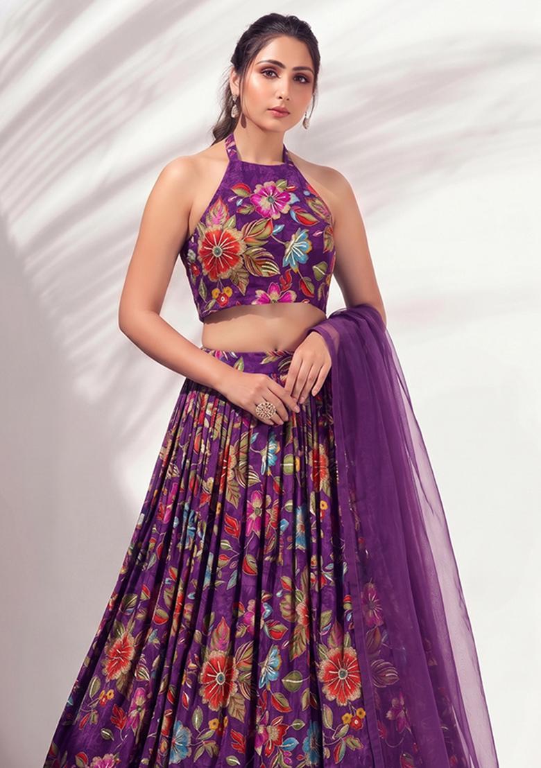 Purple Printed Crepe Lehenga Set - Indya