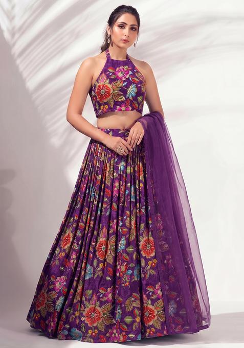 Purple Silk Blend Embroidered Lehenga Set