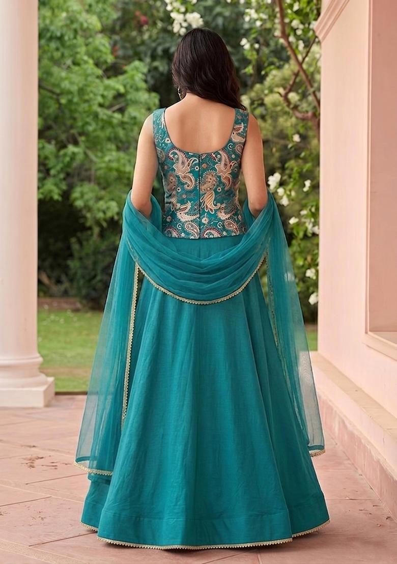 Teal Embroidered Handwork Lehenga Set - Indya
