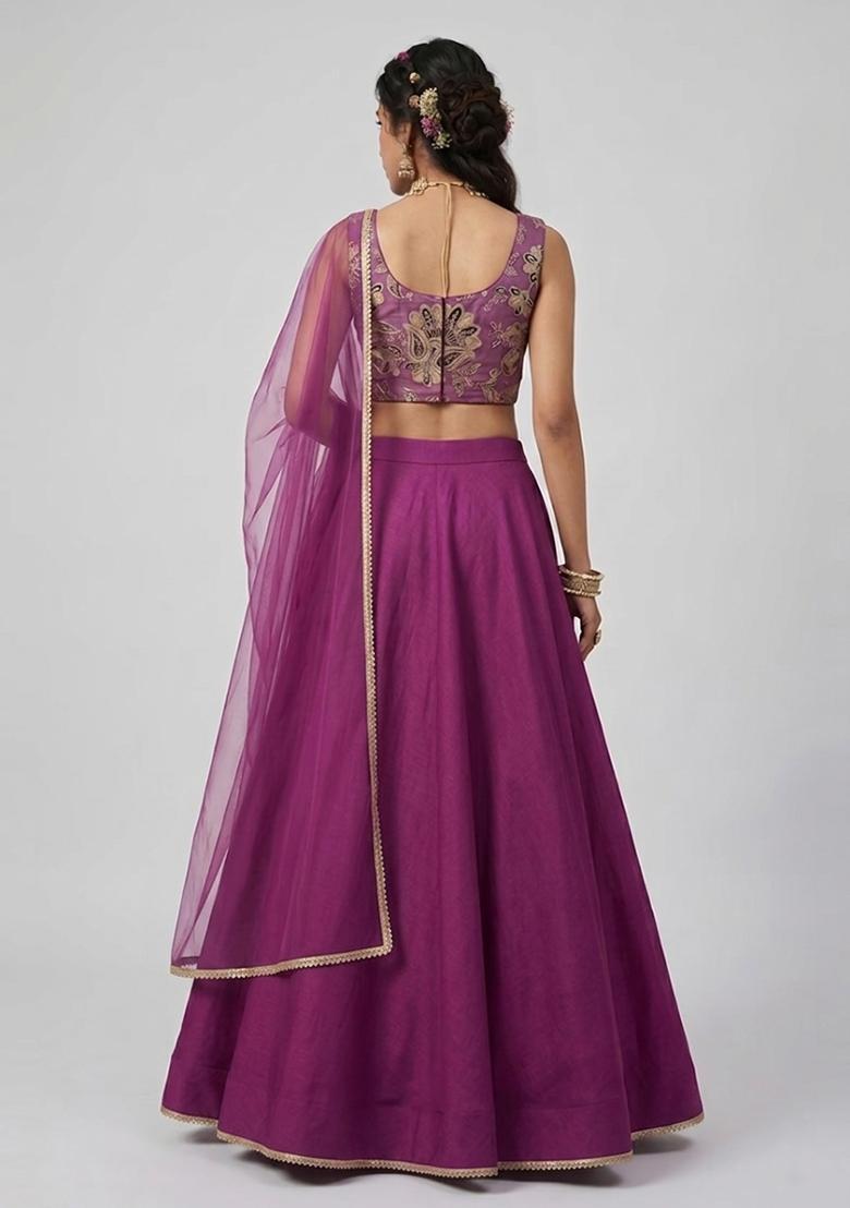 Purple Jacquard Embroidered Handwork Lehenga Set - Indya