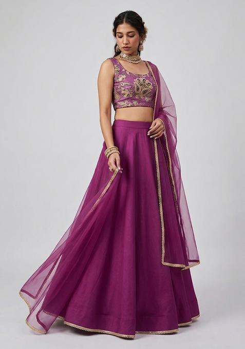 Purple Silk Blend Jacquard Lehenga Set