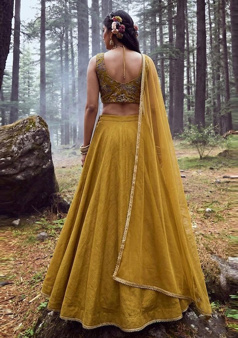 Mustard Embroidered Handwork Lehenga Set - Indya