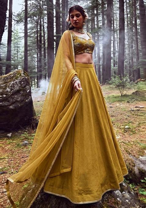 Mustard Silk Blend Embroidered Lehenga Set