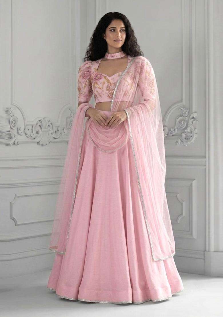 Baby Pink Embroidered Handwork Lehenga Set - Indya