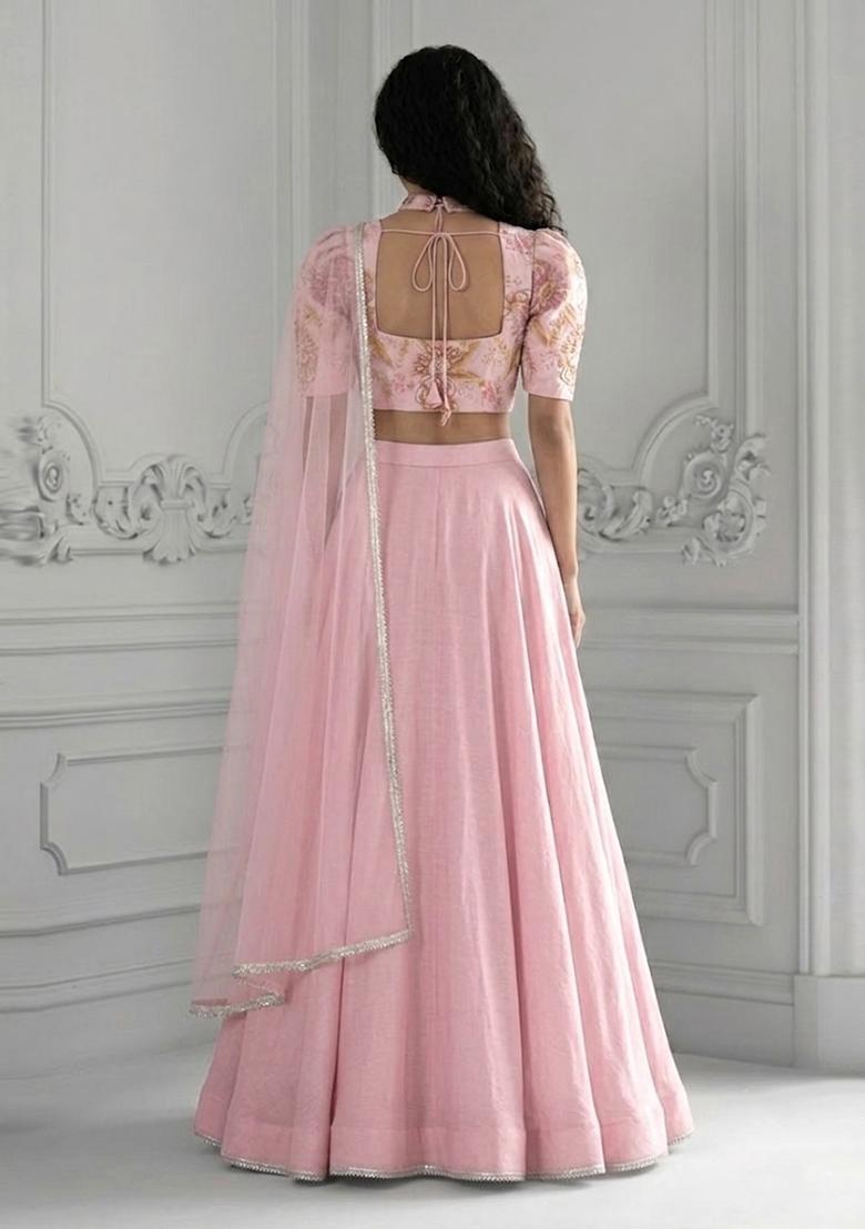 Baby Pink Embroidered Handwork Lehenga Set - Indya