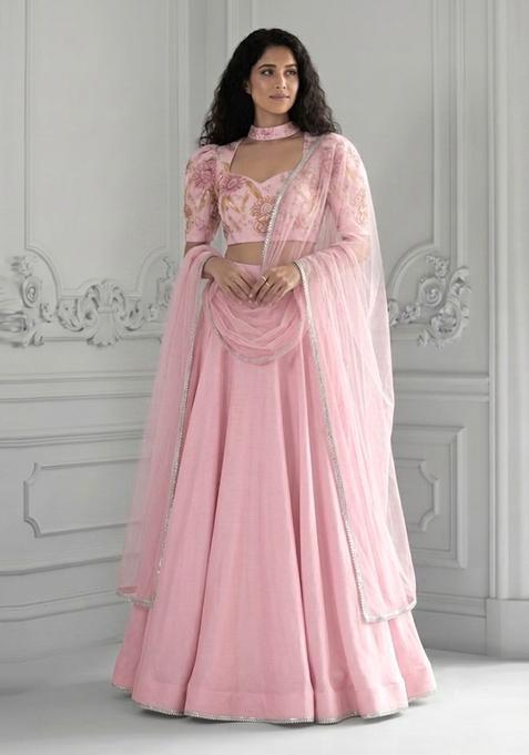 Baby Pink Silk Blend Embroidered Lehenga Set