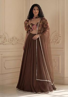 Chocolate Brown Embroidered Handwork Lehenga Set