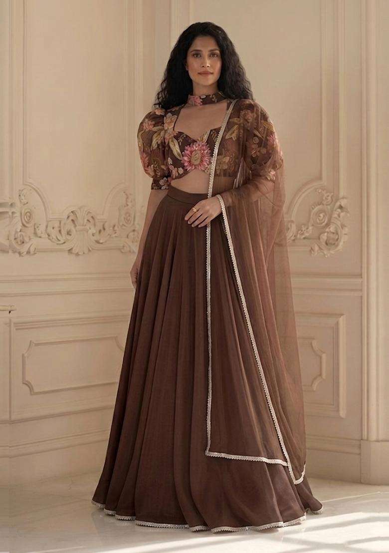 Chocolate Brown Embroidered Handwork Lehenga Set - Indya