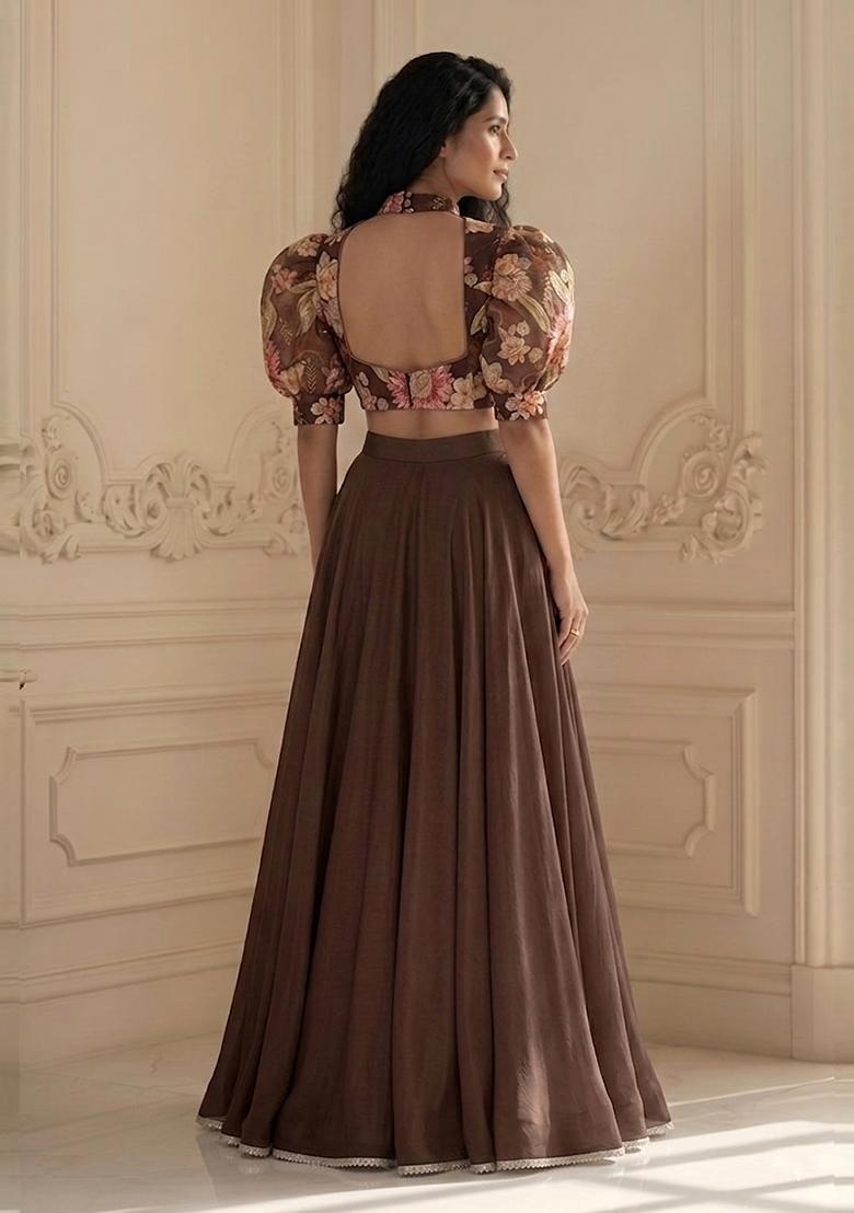 Chocolate Brown Embroidered Handwork Lehenga Set - Indya
