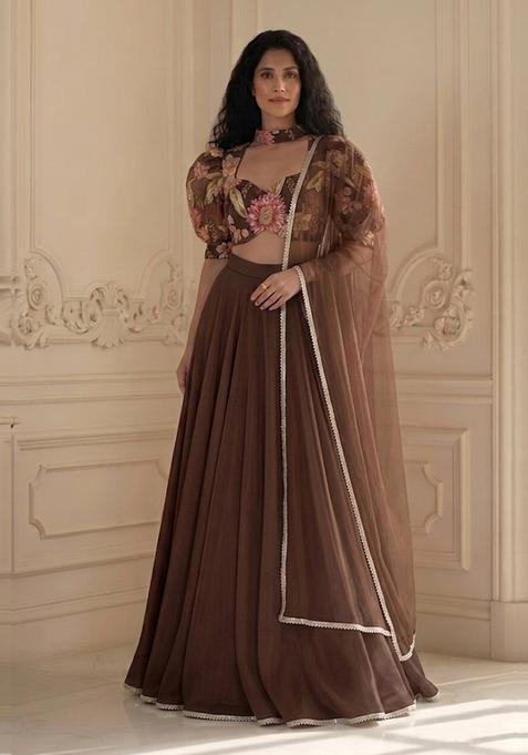 Chocolate Brown Organza Floral Print Lehenga Set